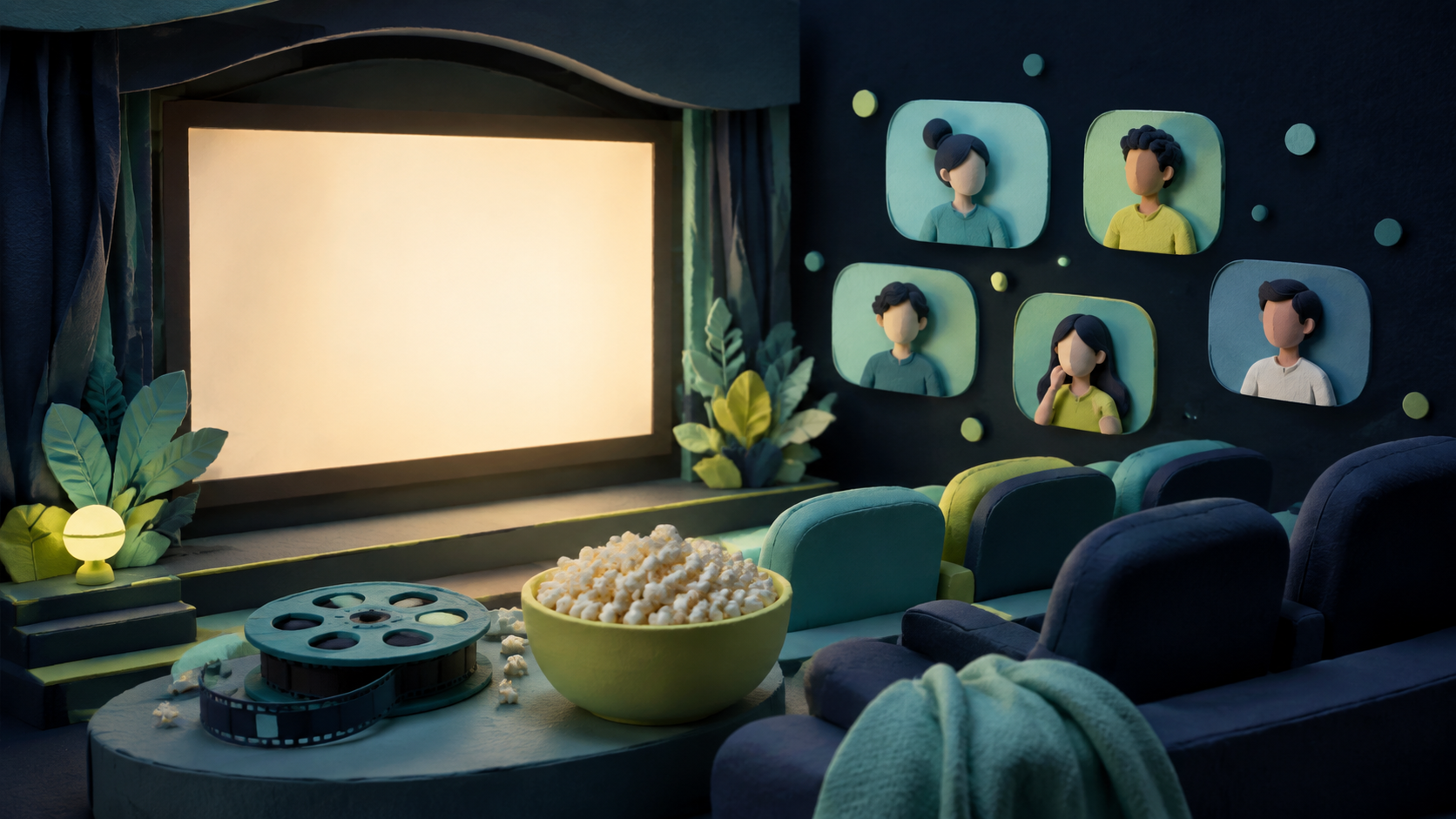 Illustration of a cinema screen, popcorn and friends joining remotely