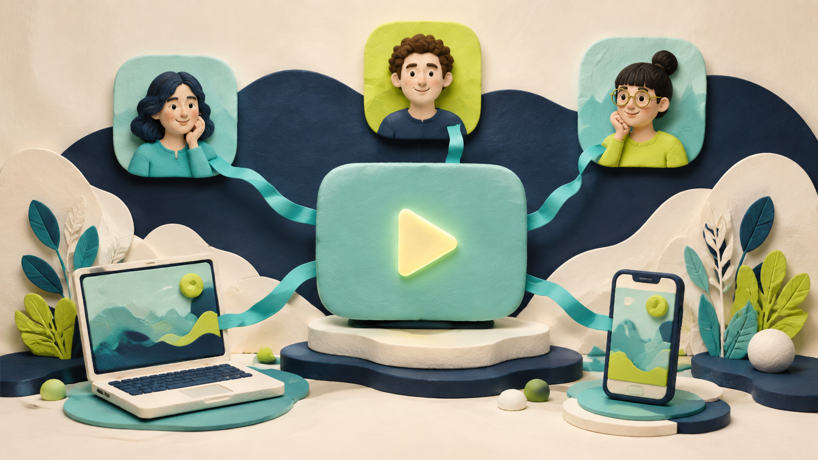 Conceptual illustration of friends connecting through shared screens
