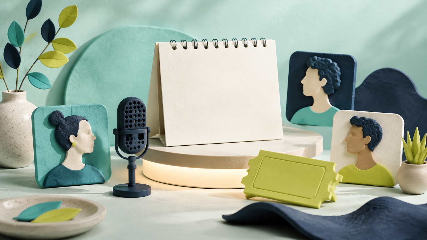 Illustration of a calendar, microphone, tickets and online event guests
