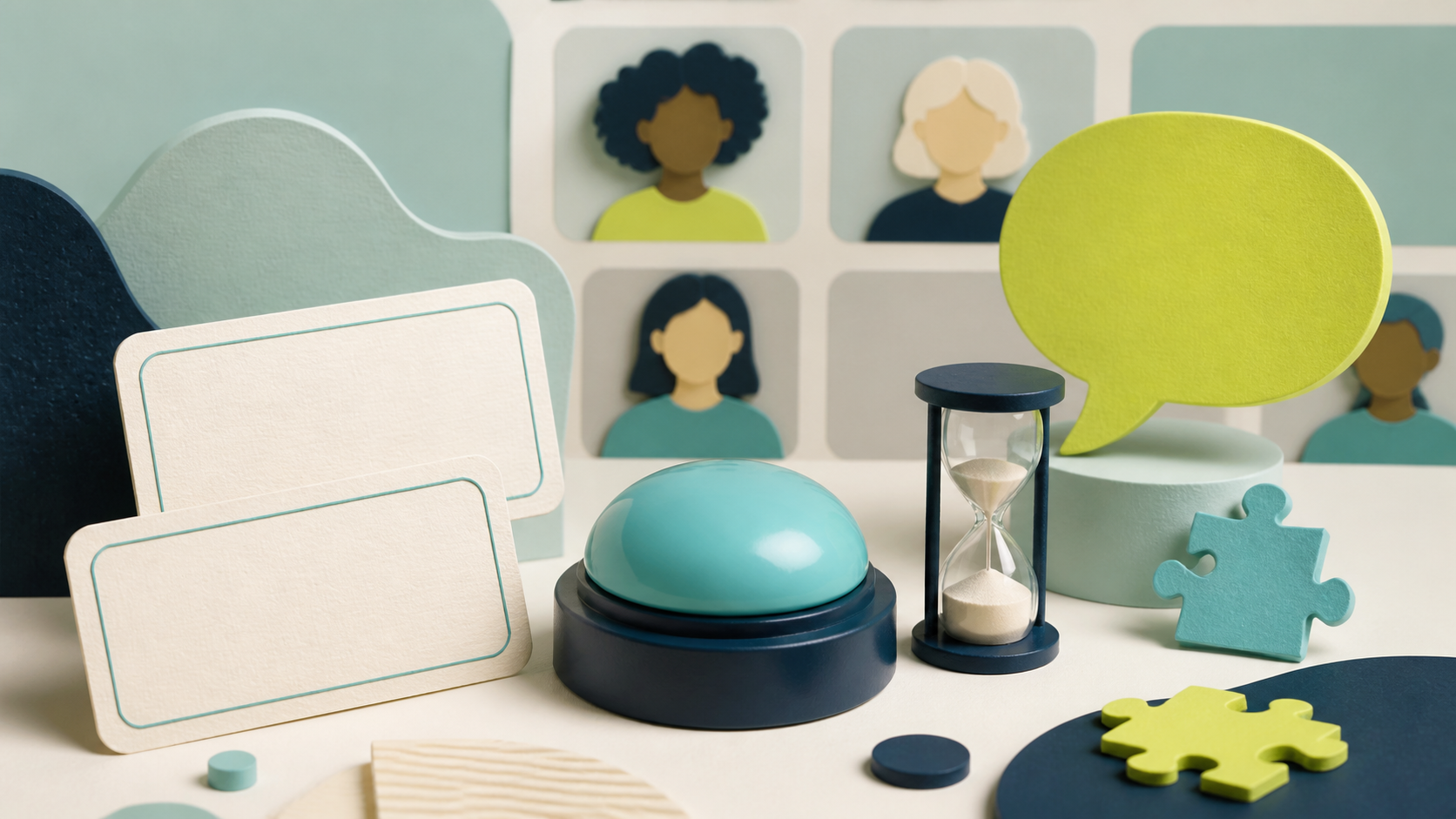 Illustration of a quiz buzzer, answer cards and audience portrait tiles
