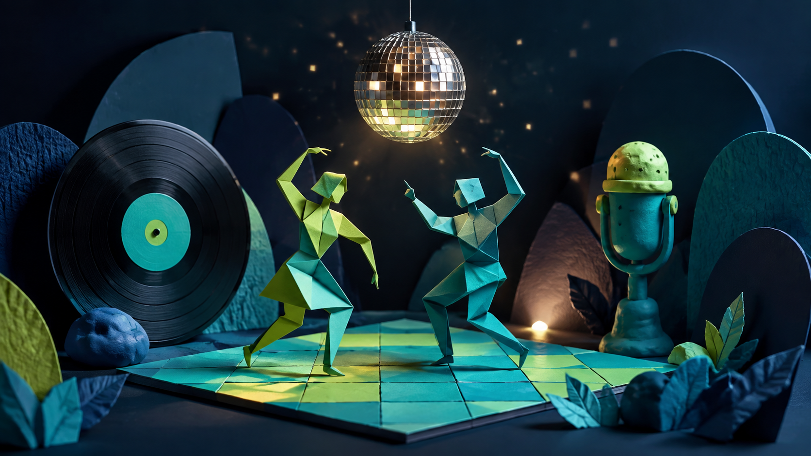 Illustration of paper dancers, a mirror ball, record and microphone