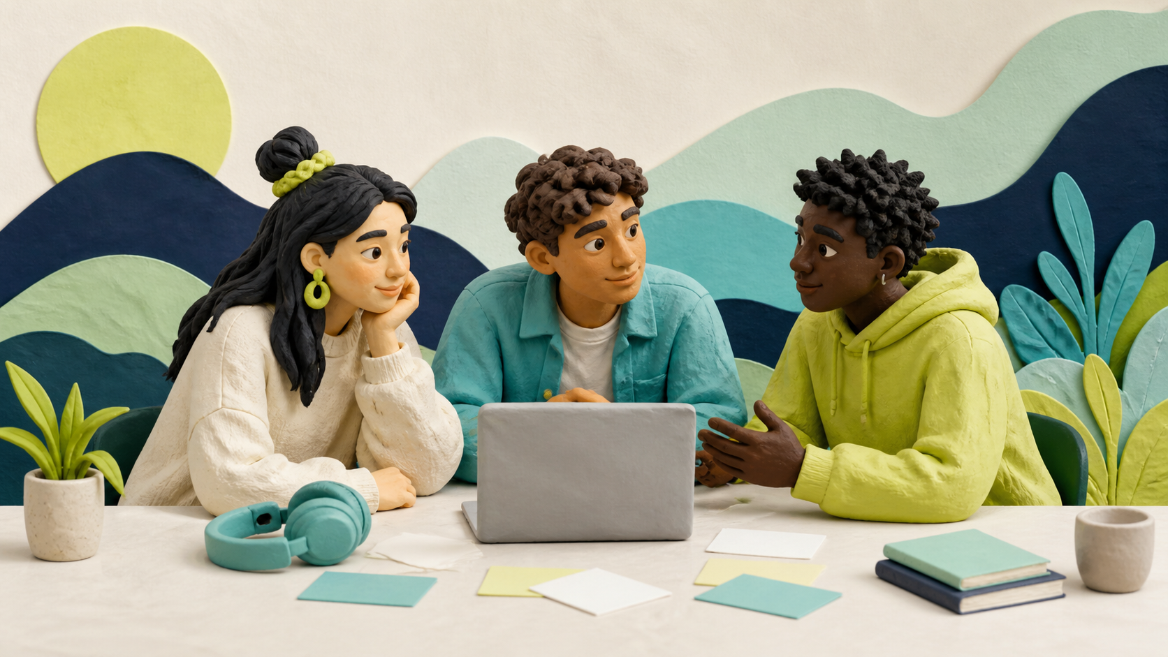 Illustration of three young adults collaborating around a laptop