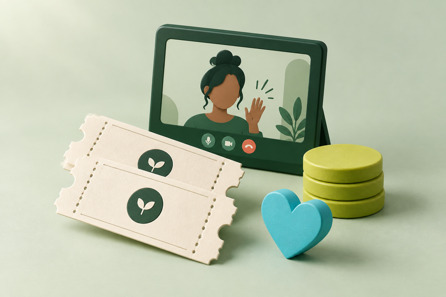 Illustration of a creator video call, event tickets and fan support