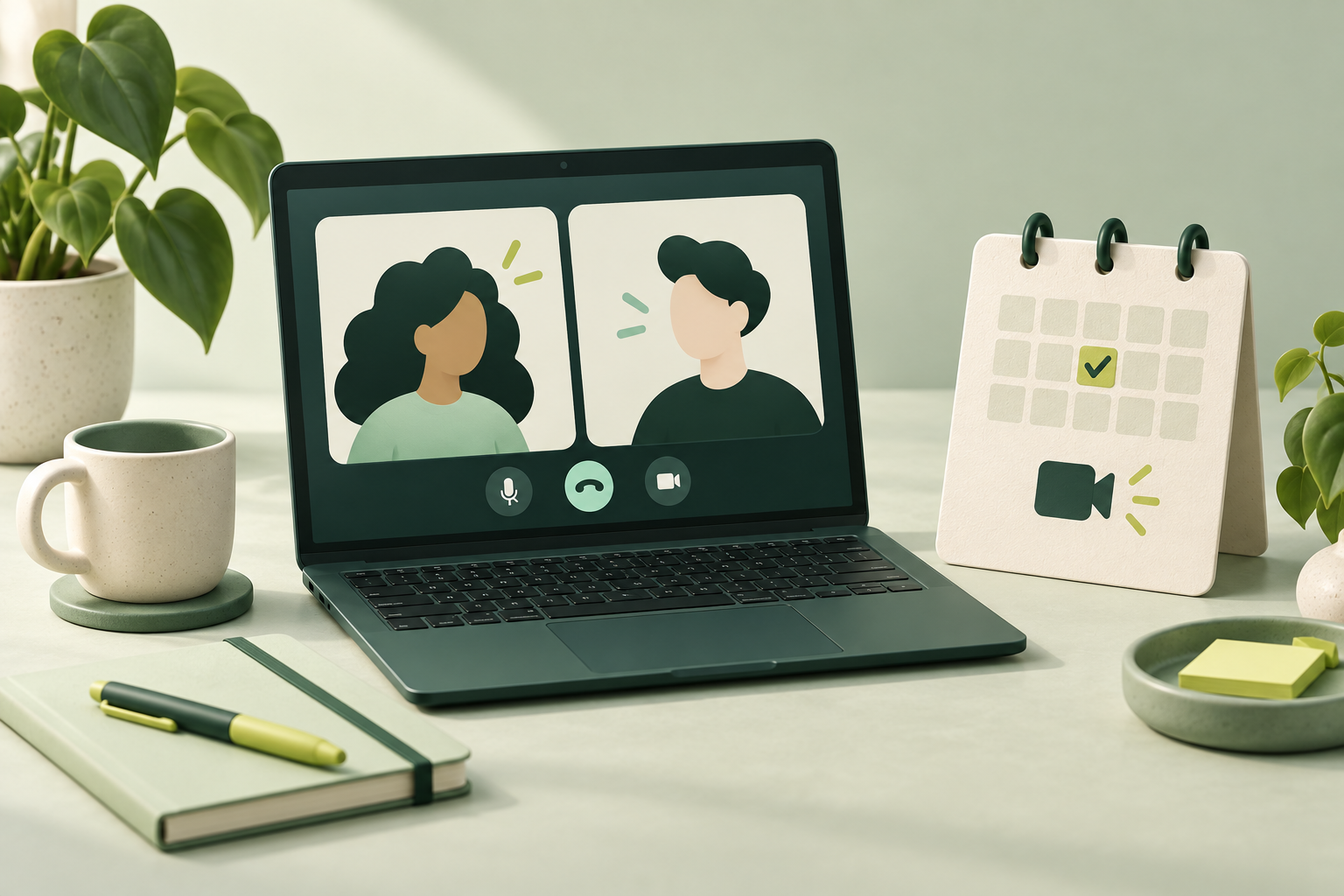 Illustration of a video call and calendar for setting up a virtual meet-and-greet