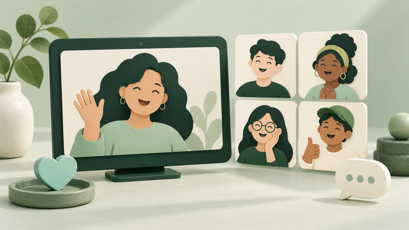 Illustration of a creator waving hello to four fans in a virtual meet-and-greet