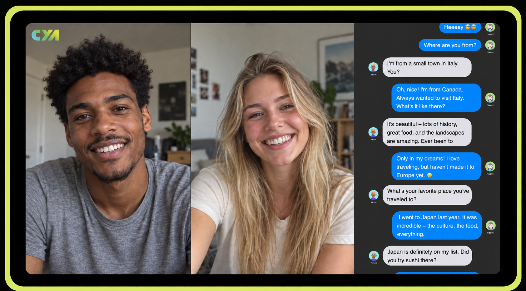 Two adults smiling during a Meet N Mix video conversation, with messages alongside